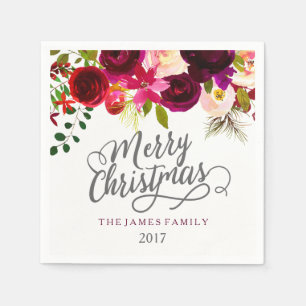 Burgundy Red Floral Boho Merry kerst Servetten