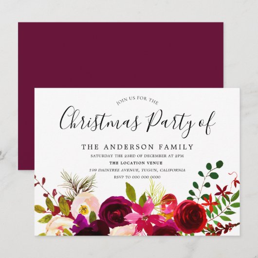 Burgundy Red Floral Boho met kerstfeest Kaart (Voorkant / Achterkant)