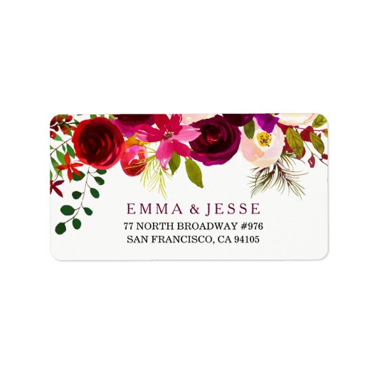 Burgundy Red Floral Boho Wedding Adresetiketten Etiket (Voorkant)