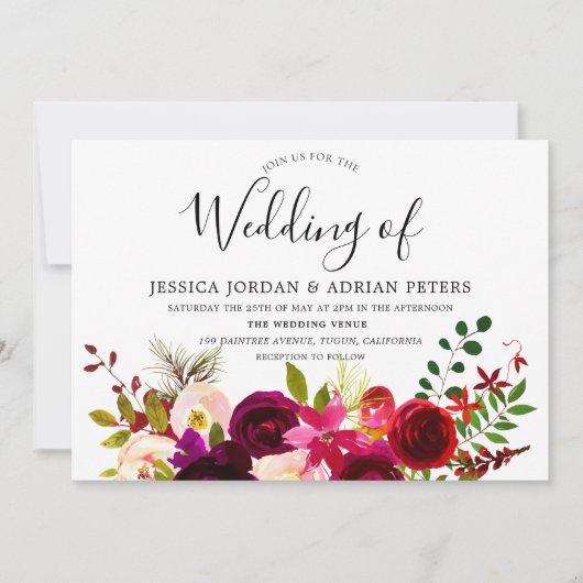 Burgundy Red Floral Boho Wedding Invitation Kaart (Voorkant)