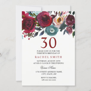 Burgundy Red Floral Elegant 30th Birthday Invite Kaart