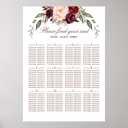 Burgundy Red Floral Elegant Wedding Seding Chart Poster (Voorkant)