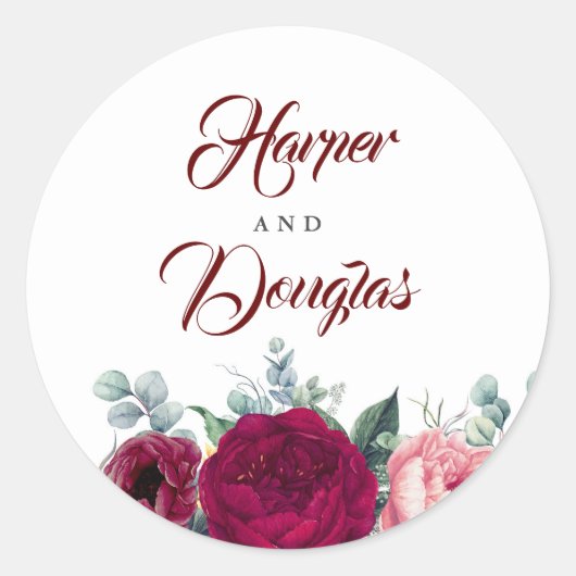 Burgundy Red Floral Fall Wedding Ronde Sticker (Voorkant)