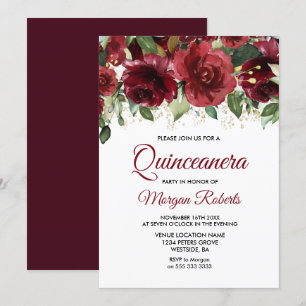 Burgundy Red Floral Gold Glitter Quinceanera Part Kaart