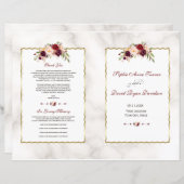 Burgundy Red Floral Gold Marble Wedding Programme (Voorkant / Achterkant)