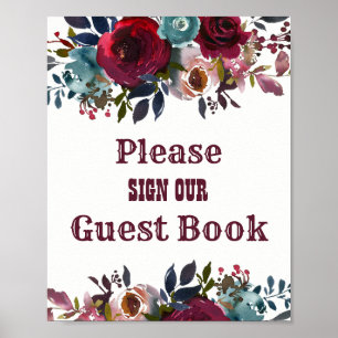 Burgundy Red Floral Guest Book Wedding Sign Poster