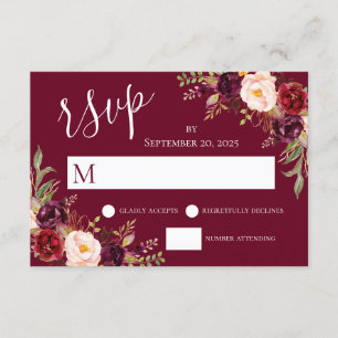 Burgundy Red Floral Hand Lettered Wedding RSVP Kaart