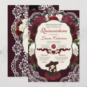 Burgundy Red Floral Lace Charro Quinceanera Kaart