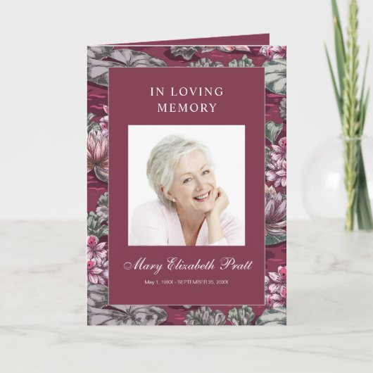 Burgundy Red Floral Multi-Photo Funeral Programma (Voorkant)
