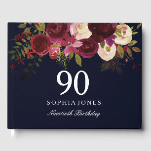 Burgundy Red Floral Navy 90th Birthday Guest Book Gastenboek