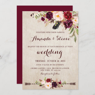 Burgundy Red Floral Rustic Boho Wedding Kaart