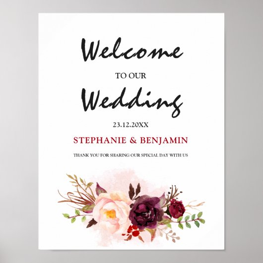 Burgundy Red Floral Rustic Boho Wedding Sign Poster (Voorkant)