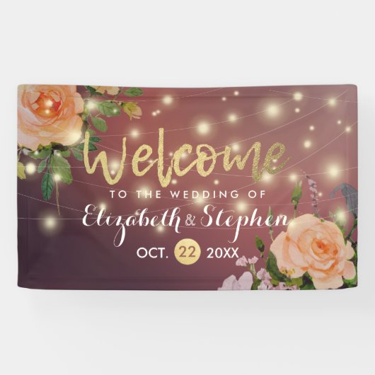 Burgundy Red Floral String Lights Wedding Banner (Horizontaal)
