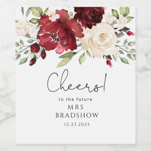 Burgundy red floral vrijgezellenfeest label wijn etiket (Enkel label)