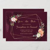 Burgundy Red Floral Waterverf bespaart datum Kaart (Voorkant / Achterkant)