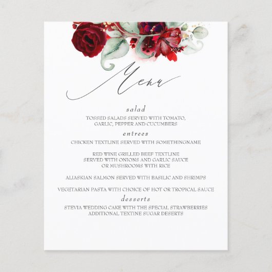 Burgundy Red Floral Wedding Menu (Voorkant)