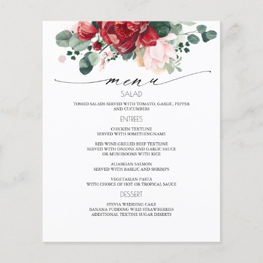 Burgundy Red Floral Wedding Menu (Voorkant)