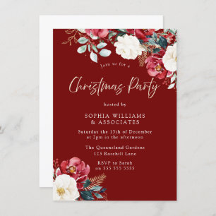 Burgundy Red Floral Work of Family Kerstparty Kaart
