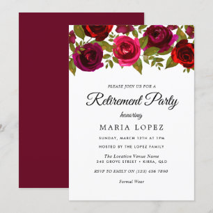 Burgundy Red Flowers Elegant Retirement Party Kaart