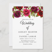 Burgundy Red Flowers Elegant Wedding Invitation Kaart (Voorkant)