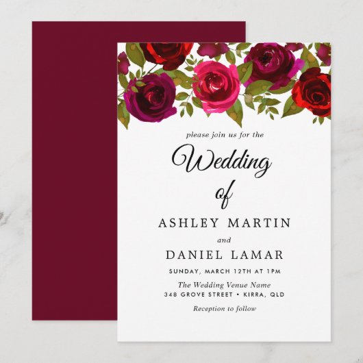 Burgundy Red Flowers Elegant Wedding Invitation Kaart (Voorkant / Achterkant)
