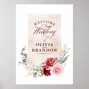 Burgundy Red Flowers Elegant Wedding Welcome Sign Poster
