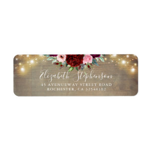 Burgundy Red Flowers en String of Lights Rustic Etiket