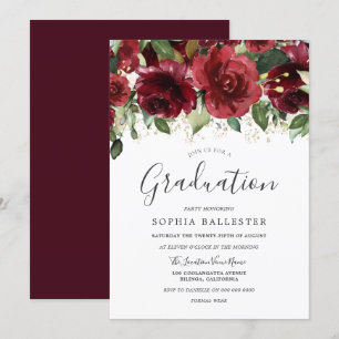 Burgundy Red Flowers High School Graduparty Kaart