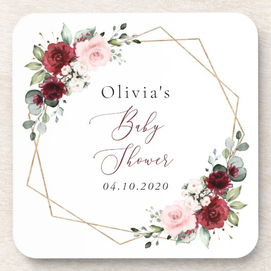 Burgundy Red Flowers, roze bloemen, Baby shower Bier Onderzetter (Voorkant)