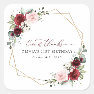 Burgundy Red Flowers, Roze Flowers, Birthday Vierkante Sticker