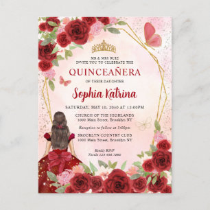 Burgundy Red Glam Gold Floral Princess Quinceañera Uitnodiging Briefkaart