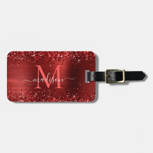 Burgundy Red Glitter Brush Monogram script Bagagelabel (Voorkant horizontaal)