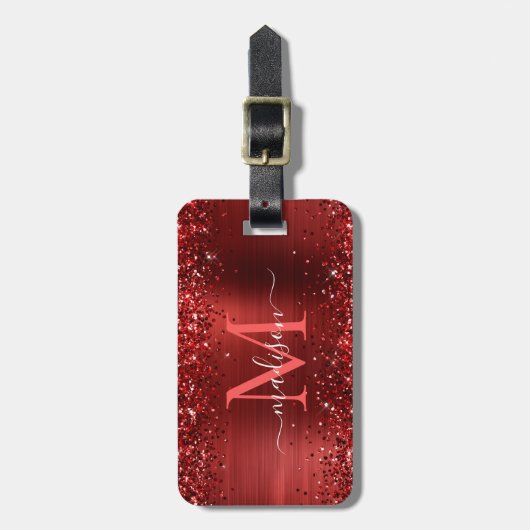 Burgundy Red Glitter Brush Monogram script Bagagelabel (Voorkant verticaal)