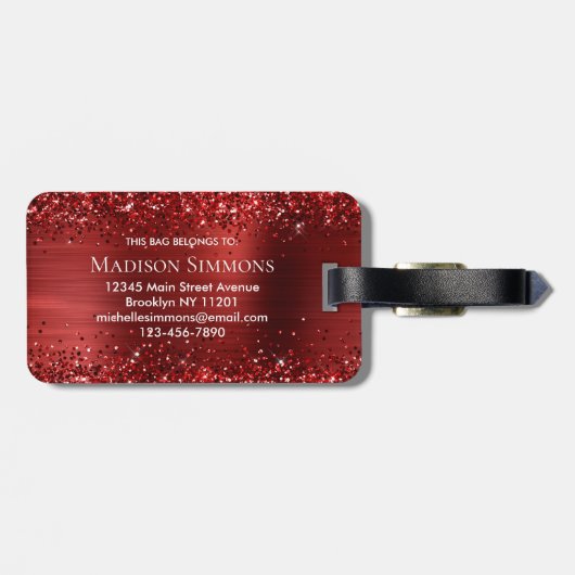 Burgundy Red Glitter Brush Monogram script Bagagelabel (Achterkant horizontaal)