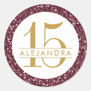 Burgundy Red Glitter Quince Años Sticker Label