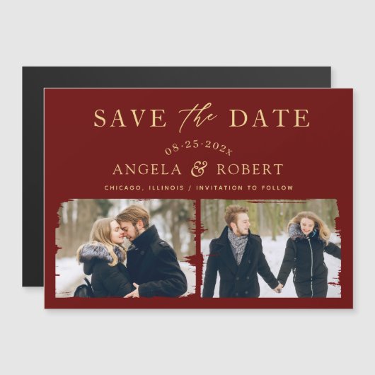Burgundy Red Gold 2 Photo Save the Date Magnet (Devant / Derrière)