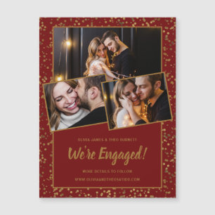 Burgundy Red Gold 3Photo Magnetic Verloving Kaart
