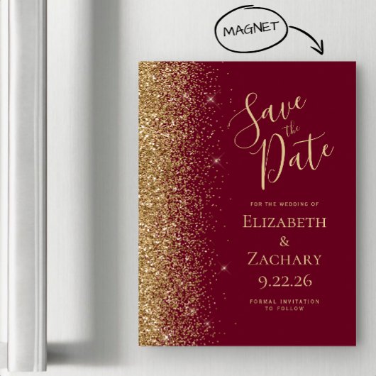 Burgundy Red Gold Enregistrer la date Carte magnét