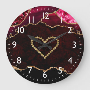 Burgundy Red & Gold Faux Glitter Agate & Heart Grote Klok