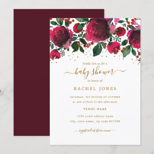 Burgundy Red Gold Floral Baby shower Kaart