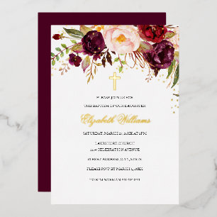 Burgundy Red Gold Floral Cross Girl Baptisme Folie Uitnodiging