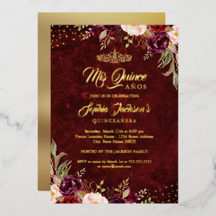 Burgundy Red Gold Floral Quinceanera Folie Uitnodiging