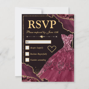 Burgundy Red & Gold Glitter Agate & Dress Sweet 16 RSVP Kaartje