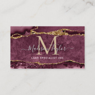 Burgundy Red Gold Glitter Marble Agate Monogram Visitekaartje