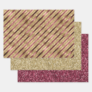 Burgundy Red Gold Glitter Stripes Inpakpapier Vel