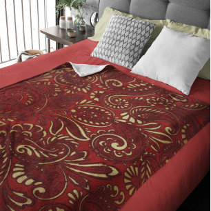 Burgundy Red Gold Indian Paisley Pattern Fleece Deken