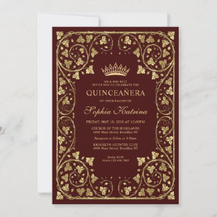 Burgundy Red Gold Modern Tiara Quinceanera Kaart
