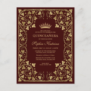 Burgundy Red Gold Modern Tiara Quinceanera Uitnodiging Briefkaart