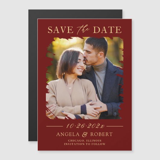 Burgundy Red Gold Photo Save the Date Magnet (Devant / Derrière)