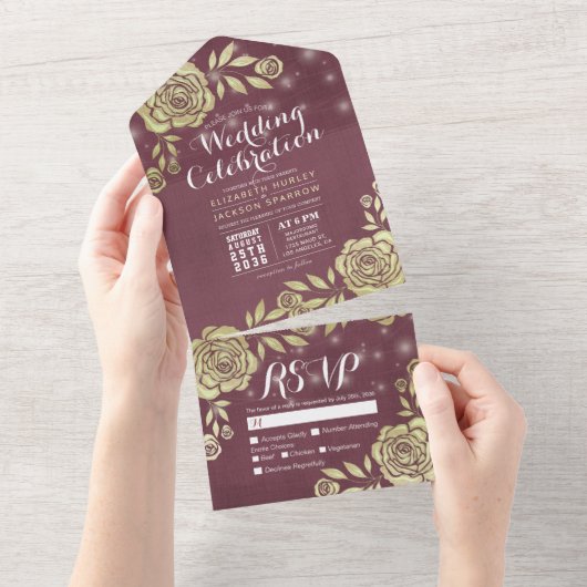 Burgundy Red Gold Rozen String Lights Wedding RSVP All In One Uitnodiging (Afscheurbaar)
